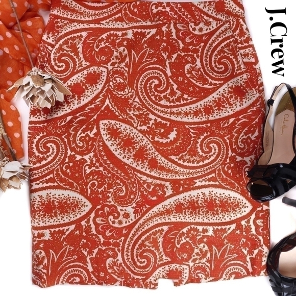 J. CREW Pocketed Orange Cream Paisley Skirt Sz 4 - Picture 1 of 9